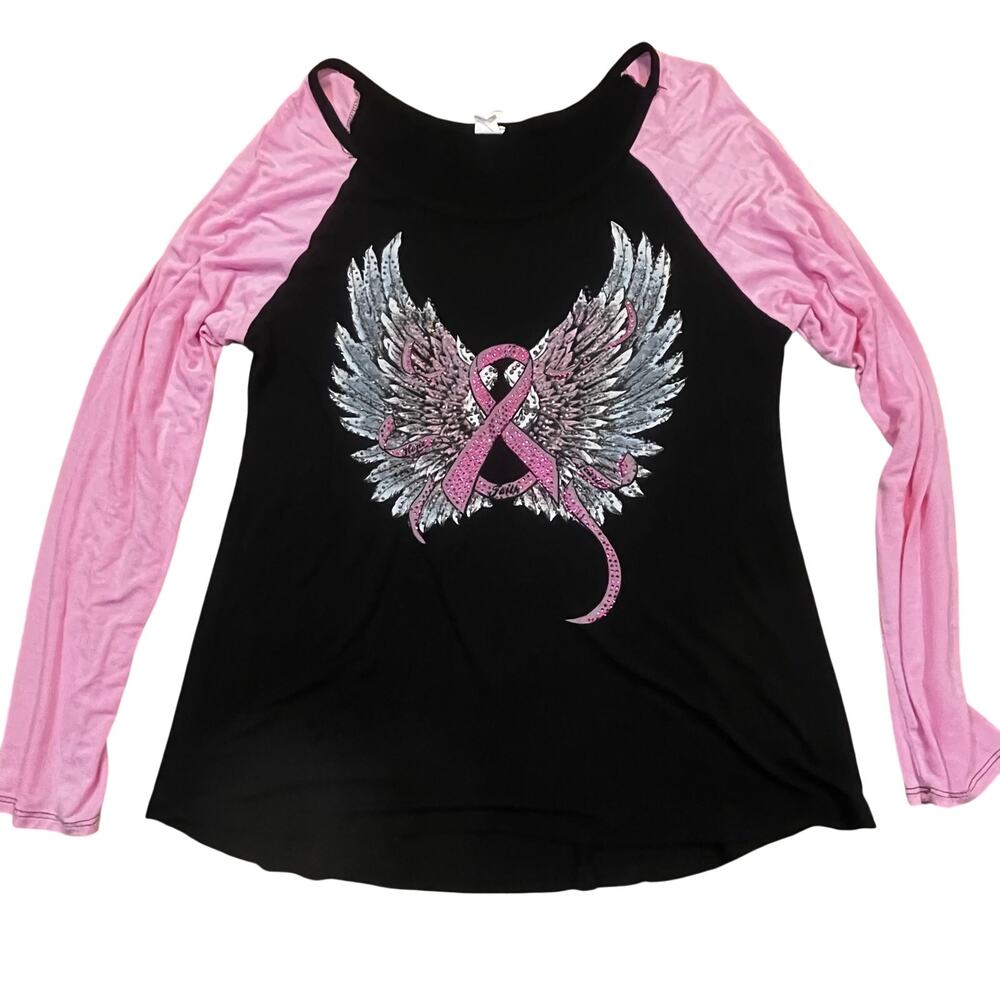 Poppy’s Savannah Pink Ribbon Angel Wings Shirt Women 2XL Fit Large Biker Graphic